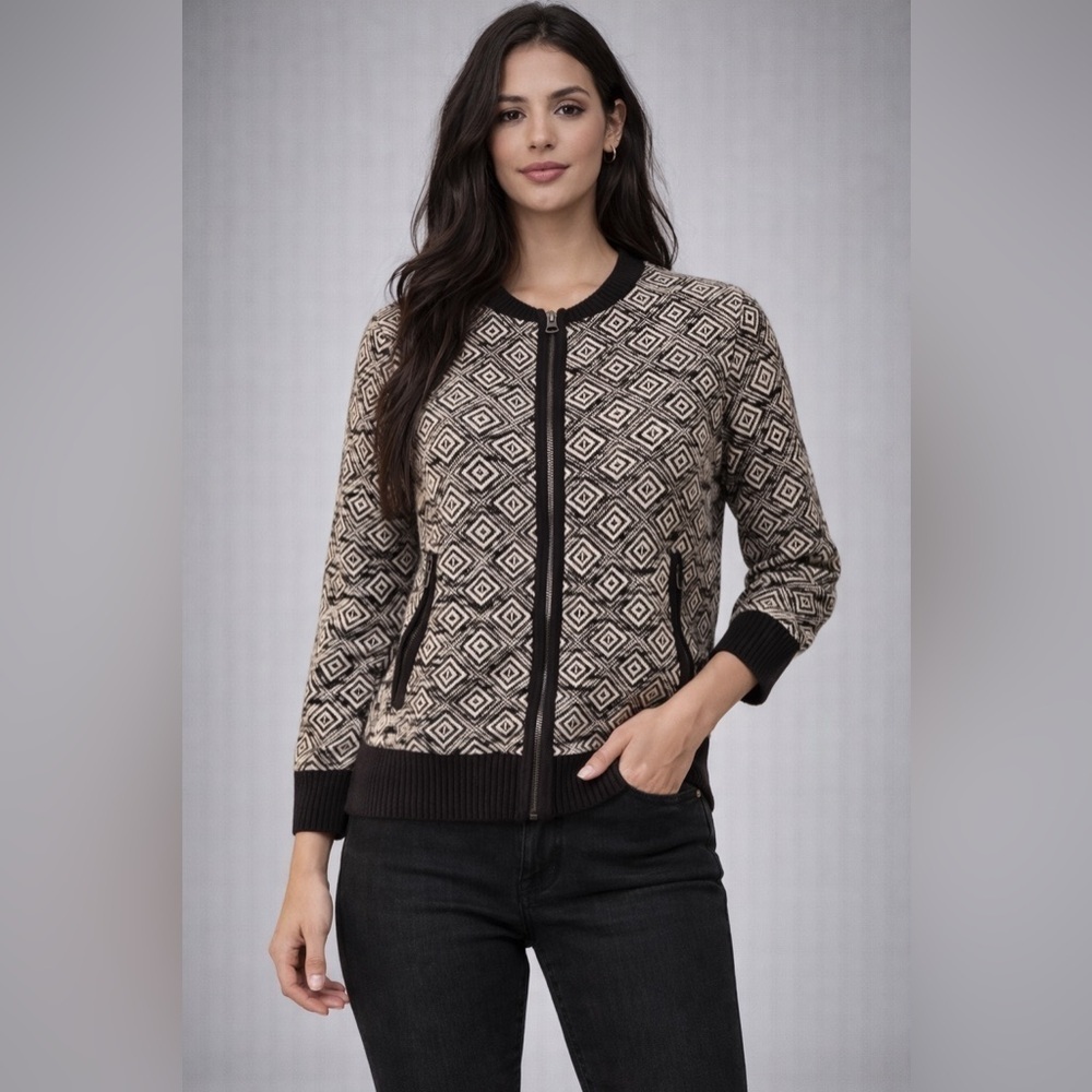 Lucky Brand Geo Knit Full Zip Sweater Bomber Black Beige Ribbed Size S Tribal
